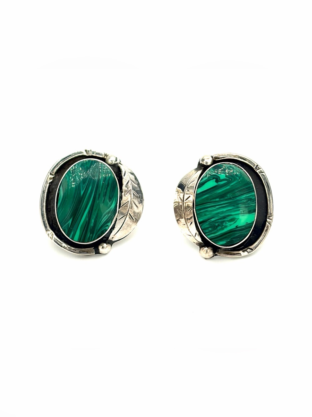 Vintage Mexico Sterling Green Malachite Stone Feather Detail Stud Earrings 925